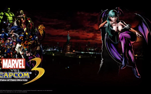 HD PC wallpaper for Marvel vs. Capcom 3: Fate of Two Worlds—Wolverine, Iron Man, Hulk, Captain America, Amaterasu and Morrigan Aensland posing over a dark city skyline.