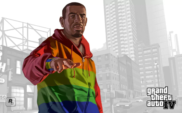 HD PC desktop wallpaper featuring a Grand Theft Auto IV character wearing a rainbow hoodie against a cityscape background in the video game style.