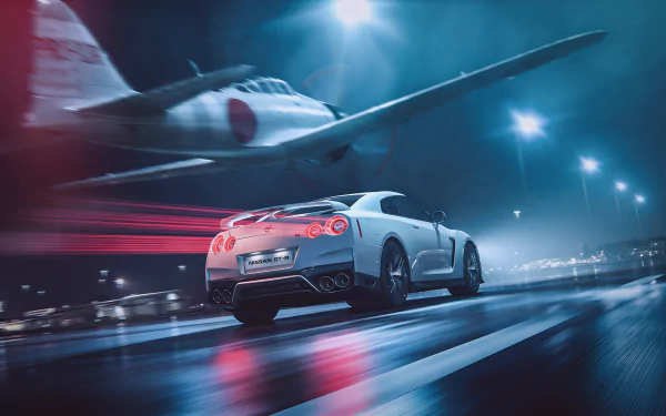 4K Ultra HD PC desktop wallpaper and background: white Nissan GT-R vehicle speeds along a wet runway at night with a low-flying aircraft overhead, neon reflections and motion blur.
