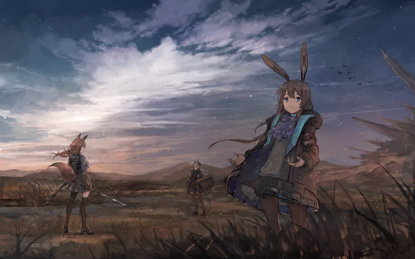 4K Ultra HD PC wallpaper from the video game Arknights featuring three characters standing in a vast, moody landscape under a dramatic cloudy sky.