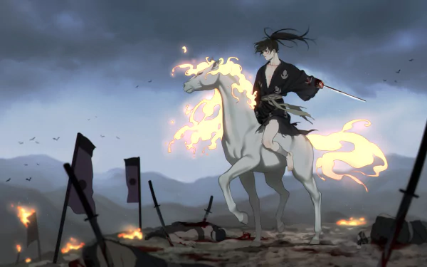 HD anime wallpaper featuring Hyakkimaru from Dororo, barefoot on a fiery white horse amid a smoky battlefield with scattered flags and burning embers.