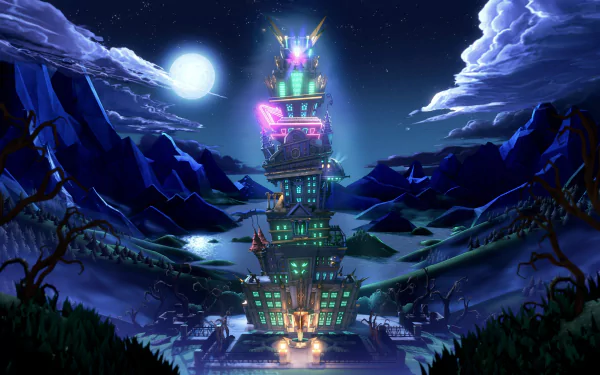 4K Ultra HD desktop wallpaper featuring the spooky, glowing hotel from Luigi's Mansion 3, set under a bright moonlit night with eerie clouds and mountainous surroundings.