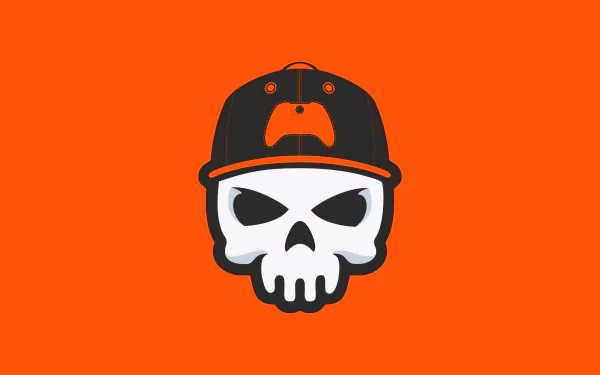 4K Ultra HD esports gaming team logo featuring a white skull wearing a black and orange cap with a game controller symbol on an orange background.