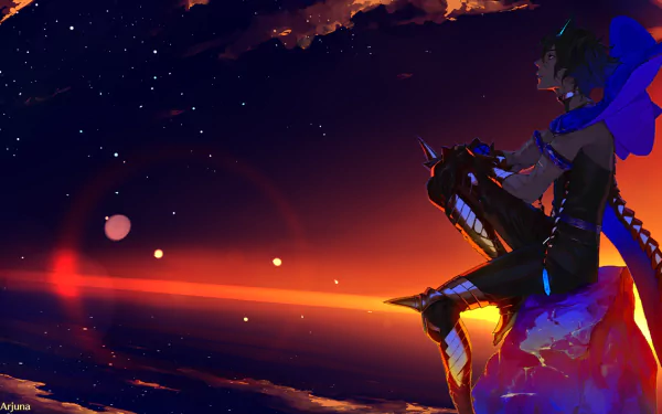 HD PC desktop wallpaper featuring Arjuna (Alter) from Fate/Grand Order, set against a vibrant, starry night sky with glowing celestial elements.