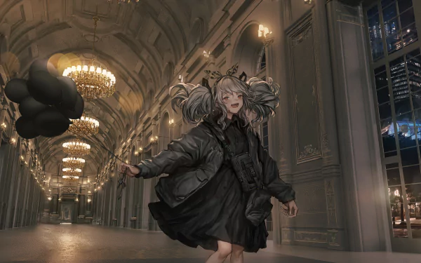 Anime-style girl with grey twintails joyfully holding black balloons under chandeliers in a night city setting, captured in a detailed HD desktop wallpaper background.