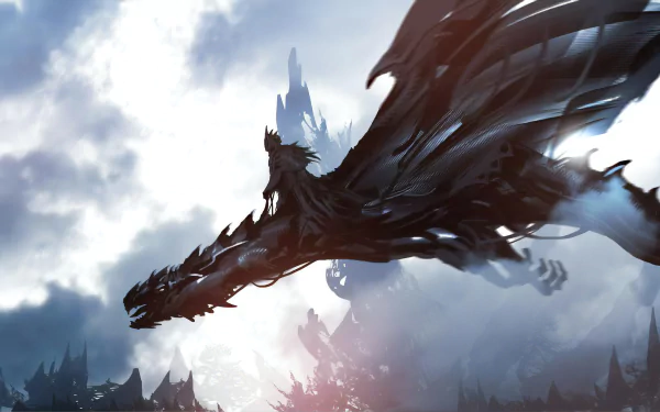 HD PC desktop wallpaper featuring a dark Nazgûl riding a fierce dragon through a misty fantasy landscape inspired by The Lord of the Rings.