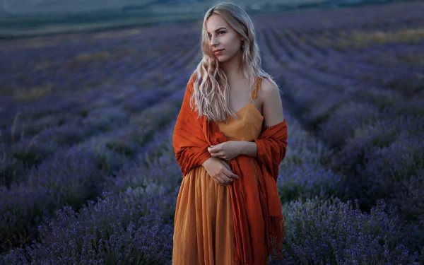 blonde orange dress depth of field woman model HD Desktop Wallpaper | Background Image