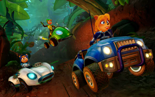 4K Ultra HD PC desktop wallpaper featuring vibrant characters racing through a jungle track from the video game Crash Team Racing.