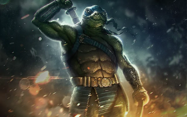 Comic-style Leonardo from Teenage Mutant Ninja Turtles in a 2K Quad HD PC desktop wallpaper, standing with raised katana amid smoky, fiery battlefield lighting.