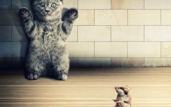 Funny 4K Ultra HD desktop wallpaper featuring a surprised cat with raised paws facing a confident mouse on a wooden floor against a tiled wall background.