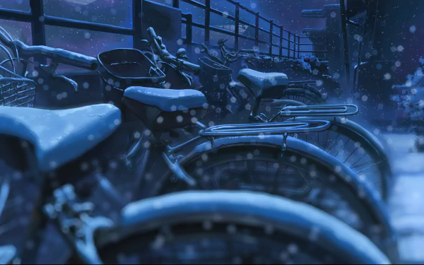 A detailed 8K Ultra HD anime-style scene from 5 Centimeters per Second, featuring snow-covered bicycles lined up against a fence in a serene, wintry setting.