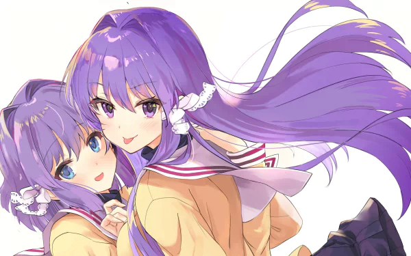 HD anime desktop wallpaper featuring Kyou and Ryou Fujibayashi from Clannad, with vibrant purple hair and school uniforms against a light background.