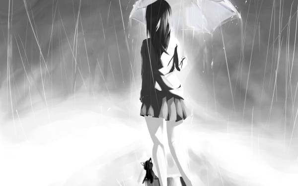 Anime Original Rain Umbrella Cat Black & White HD Wallpaper | Background Image