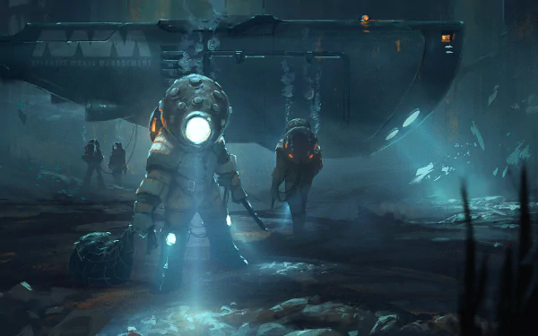 Underwater steampunk scene featuring a sci-fi submarine and divers exploring the ocean floor, rendered in high-definition for a PC desktop wallpaper.