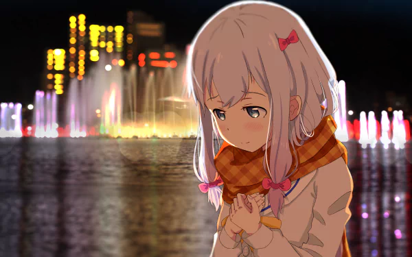 Sagiri Izumi from EroManga-Sensei is depicted in this 4K Ultra HD anime wallpaper, with a reflective cityscape and colorful fountains glowing in the background.