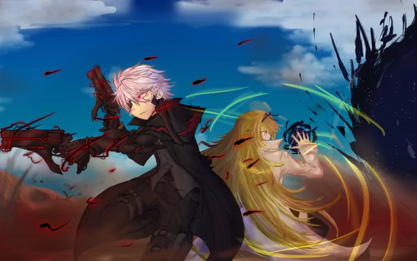 HD PC desktop wallpaper featuring Hajime Nagumo and Yue from the anime Arifureta Shokugyou de Sekai Saikyou in dynamic battle poses.