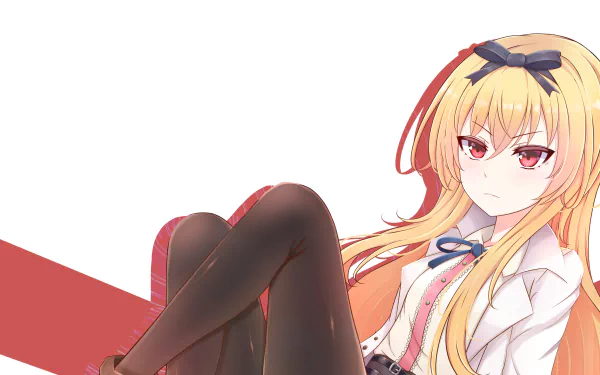 Yue from Arifureta Shokugyou de Sekai Saikyou features long blonde hair and striking red eyes, set against a minimalistic background in this 4K Ultra HD wallpaper.