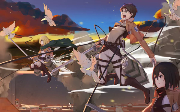4K Ultra HD Attack on Titan desktop wallpaper featuring Armin Arlert, Mikasa Ackerman, and Eren Yeager in dynamic action against a vibrant sunset sky.