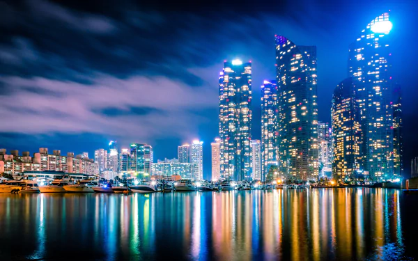 harbor South Korea skyscraper boat city night yacht building man made Busan HD Desktop Wallpaper | Background Image