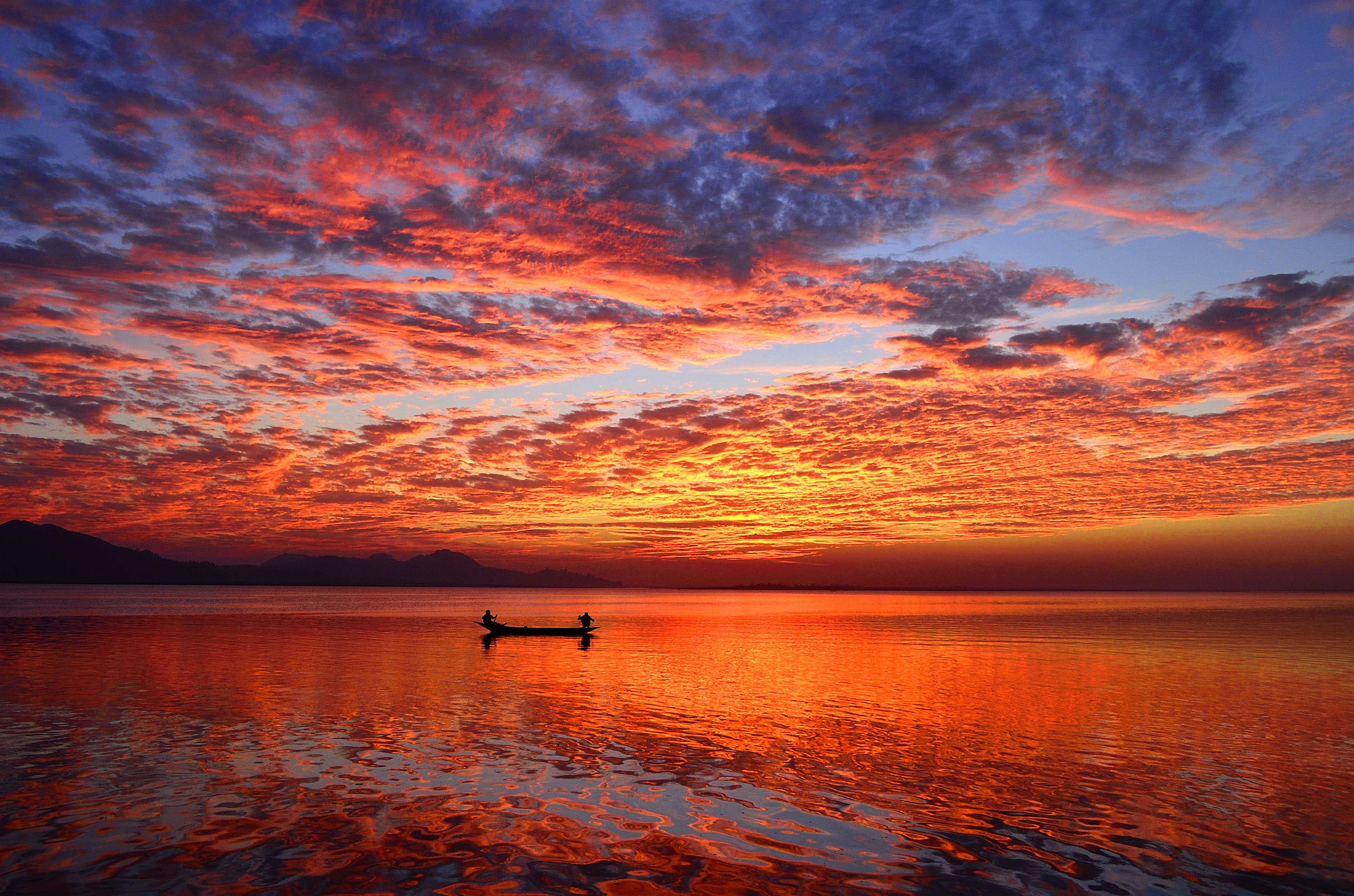 Download reflection cloud horizon sunset sea vehicle boat hd wallpaper