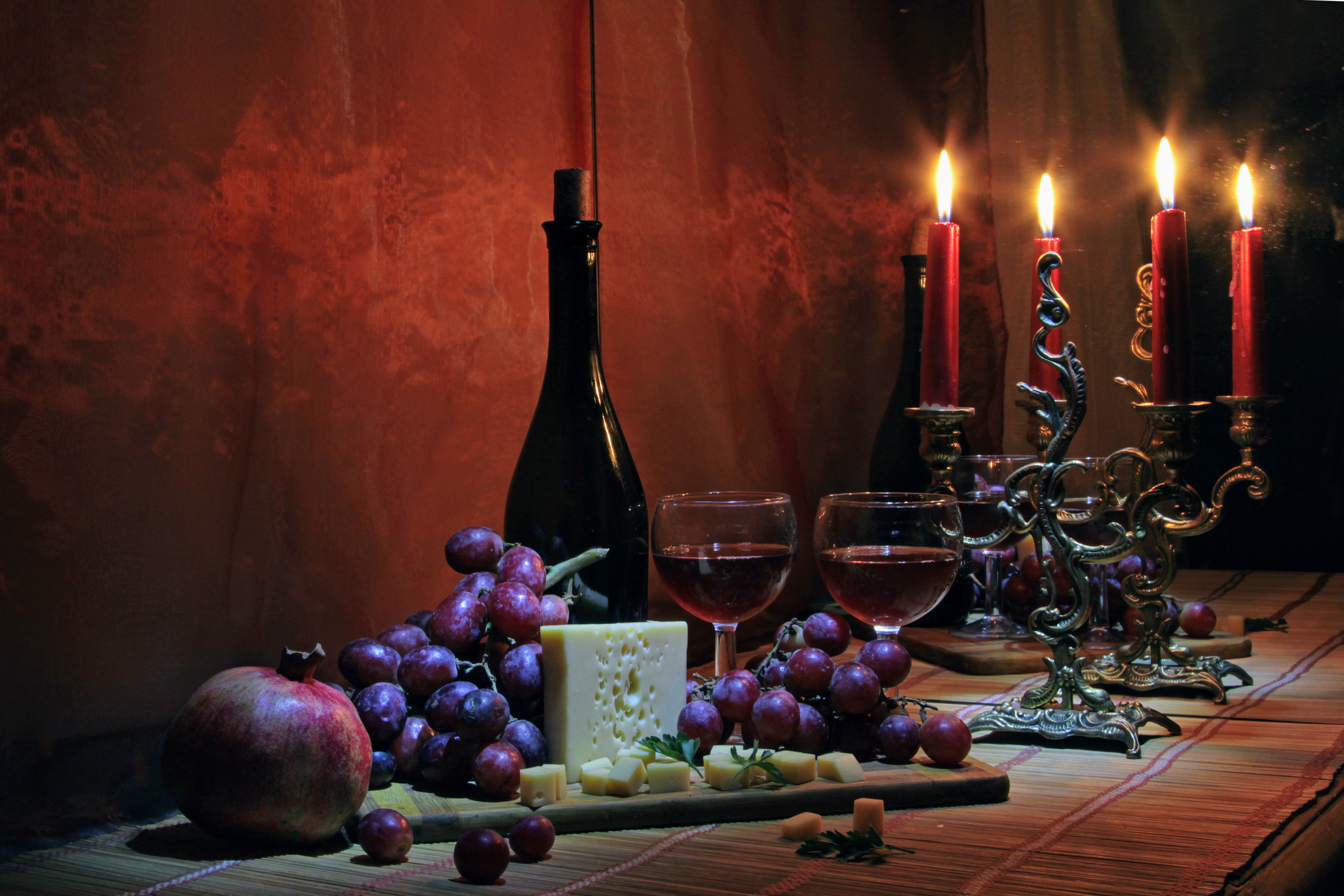 Download Pomegranate Candle Cheese Grapes Wine Photography Still Life