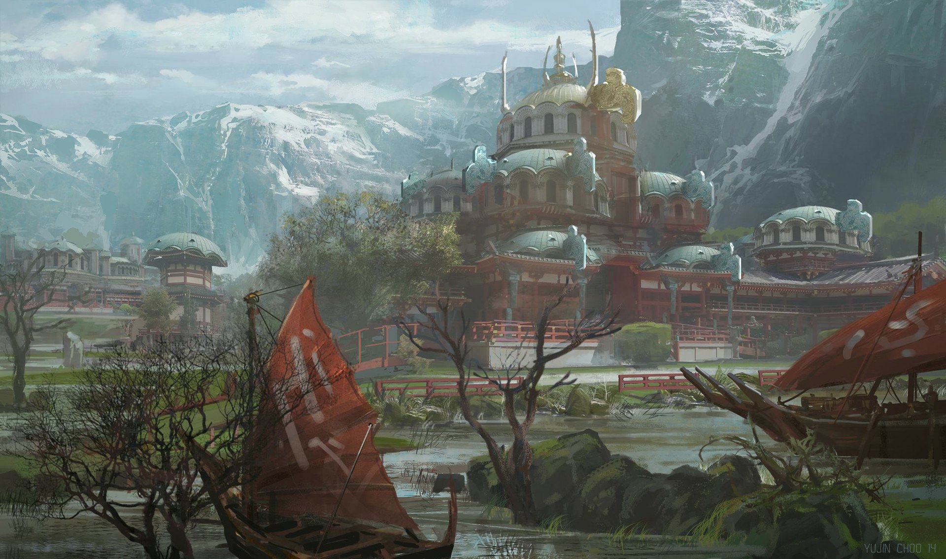HD PC desktop wallpaper: fantasy temple and ornate buildings nestled beneath snow-capped peaks, red sailboats drifting on a misty river in the foreground.