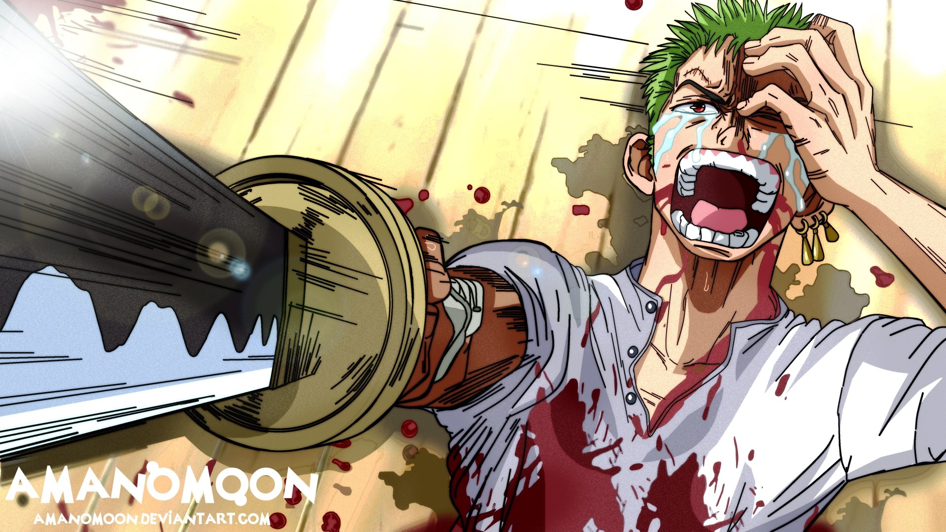 Roronoa Zoro from One Piece in a dynamic, intense battle scene with blood and a sword, rendered in stunning 4K Ultra HD for PC desktop wallpaper.