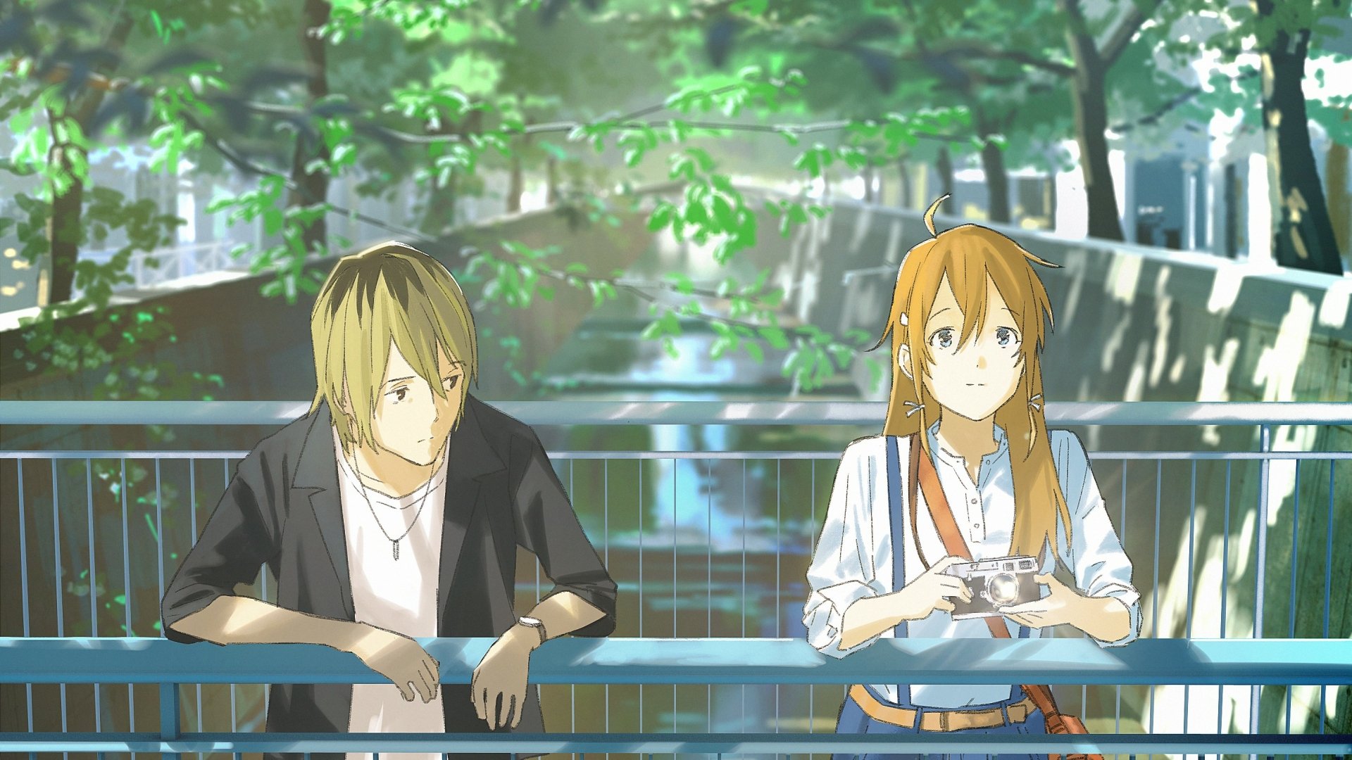 HD anime original desktop wallpaper featuring two characters standing by a railing in a serene, sunlit outdoor setting with lush green foliage in the background.
