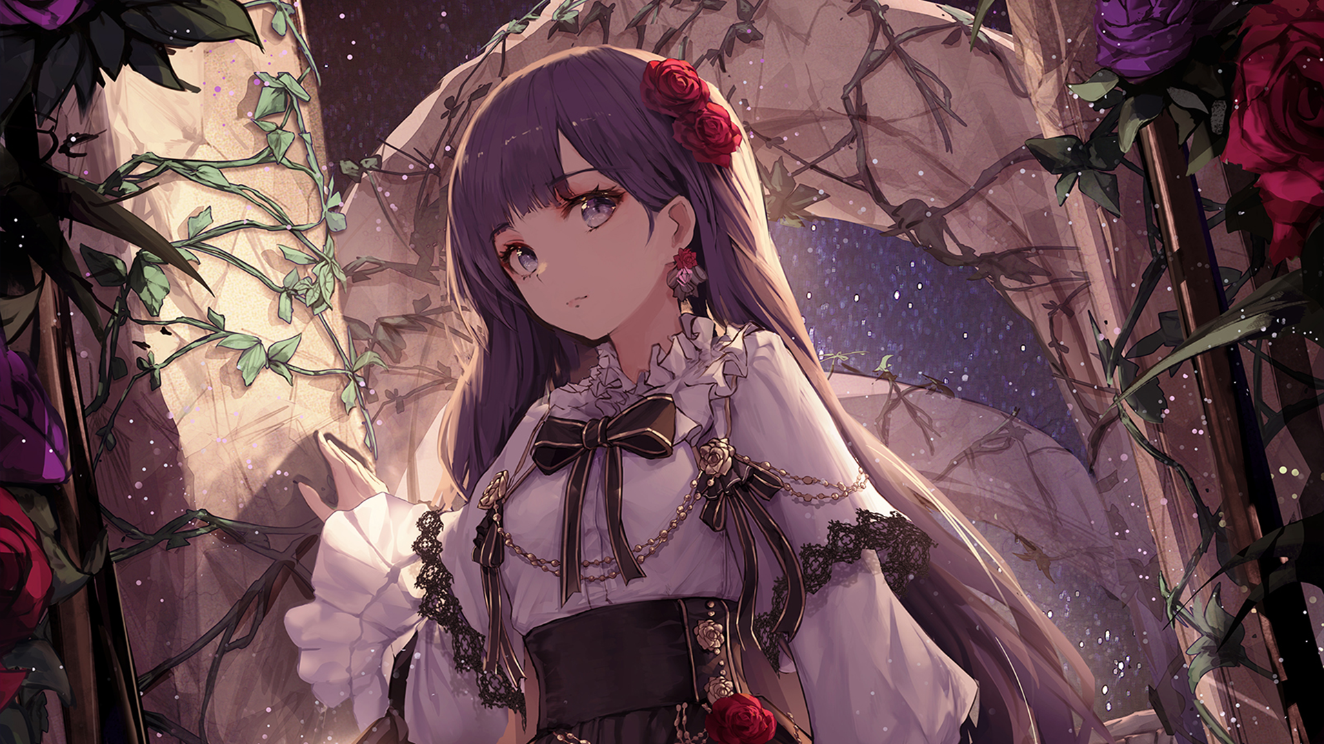 An HD desktop wallpaper featuring an anime-style original character with long purple hair, purple eyes, and a detailed outfit, surrounded by flowers and vines against a starry background.