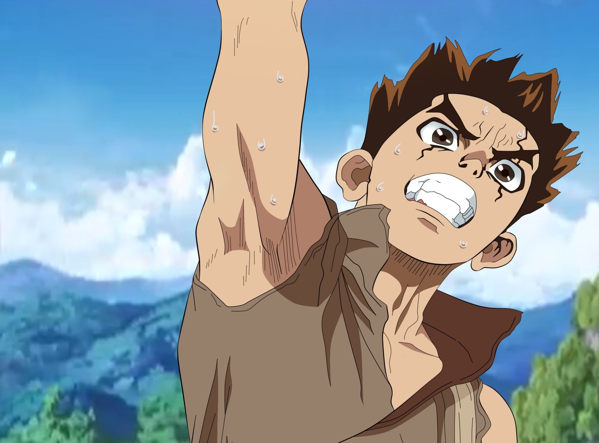 Taiju Oki from Dr. Stone, shouting with arm raised against a bright blue sky and lush mountain backdrop — HD PC desktop wallpaper background.