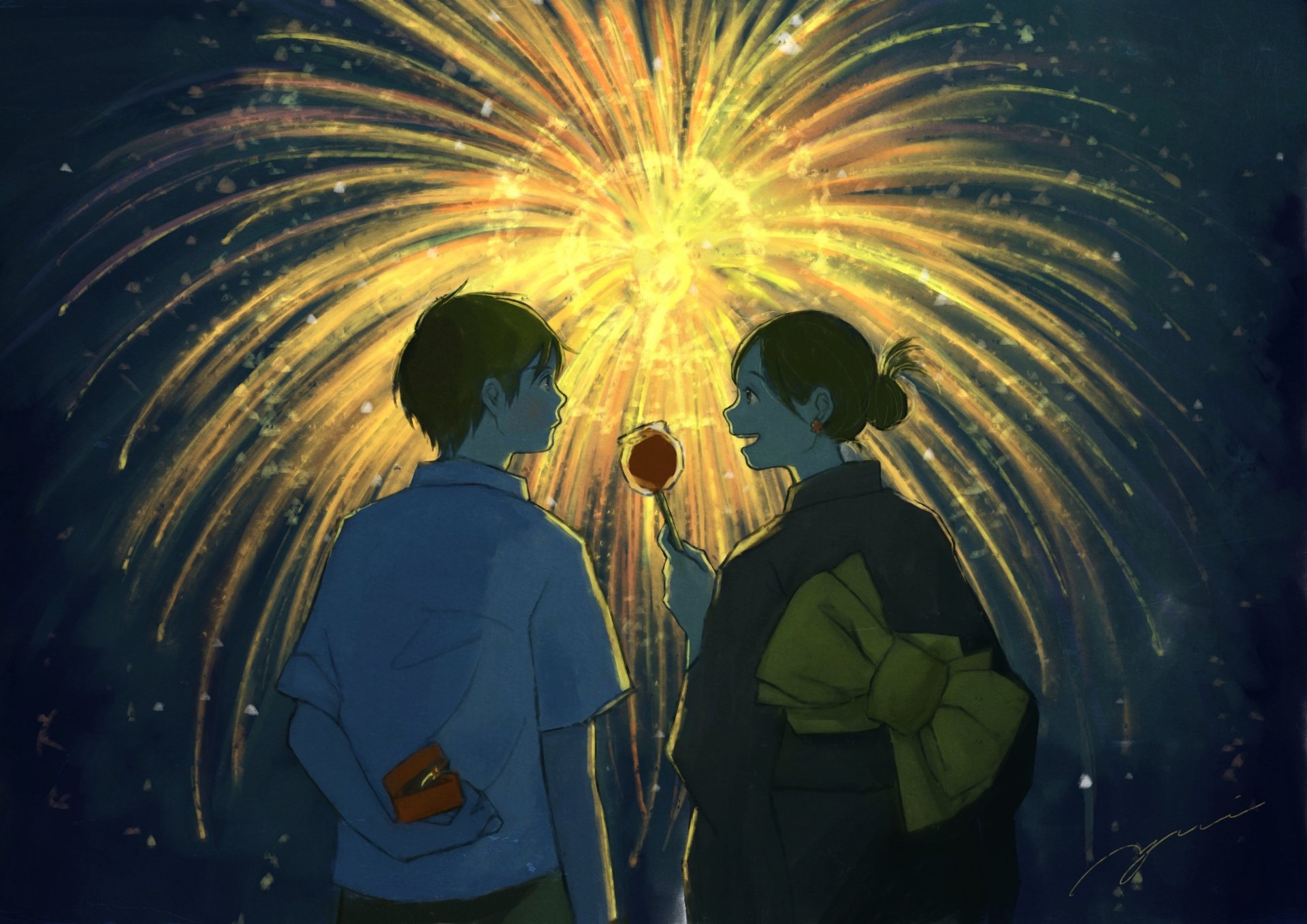 Anime-style 4K Ultra HD desktop wallpaper featuring two characters sharing a moment under vibrant fireworks lighting up the night sky.