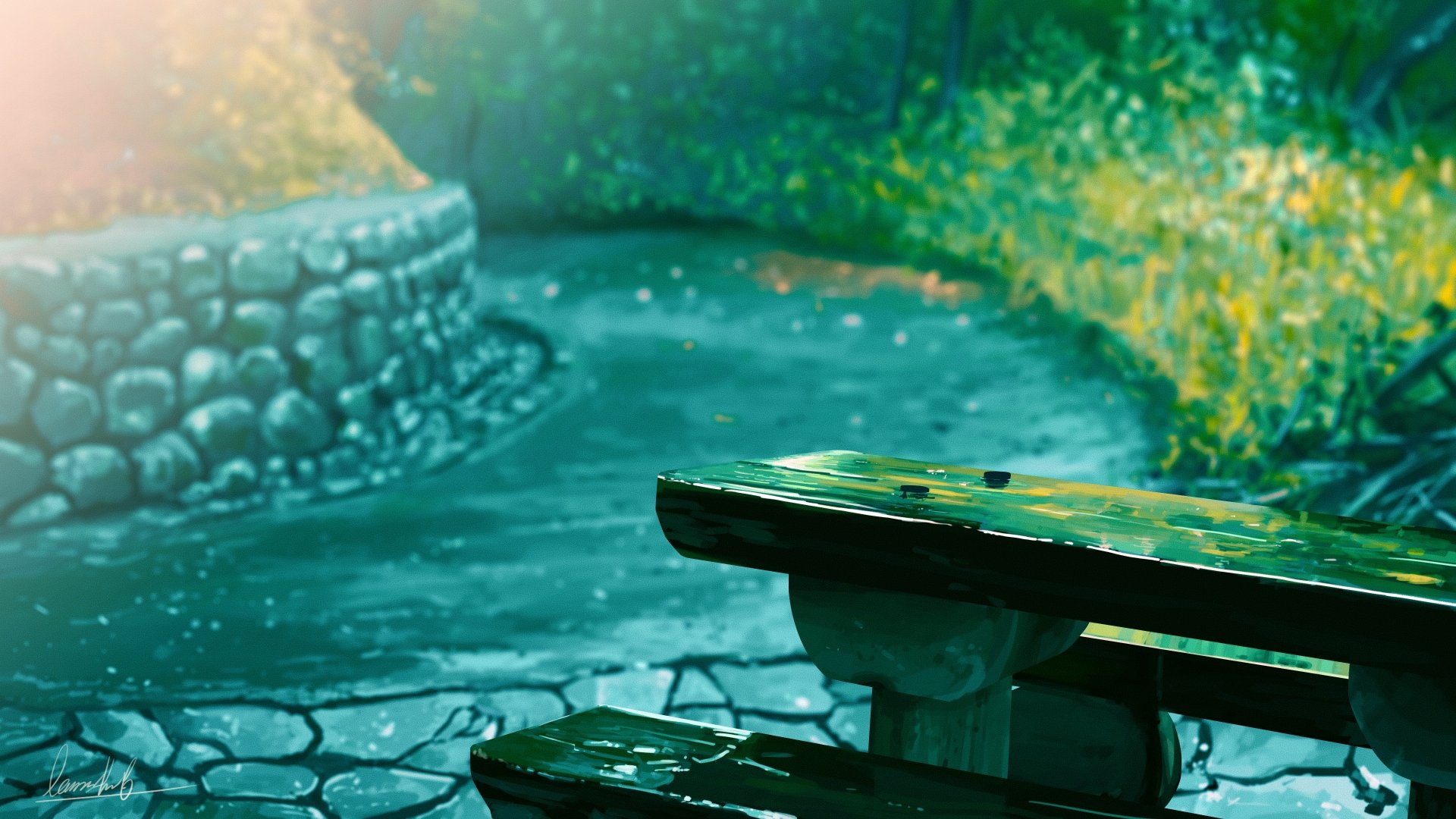 A beautifully detailed anime-style HD desktop wallpaper featuring a serene park scene with a stone path, wooden bench, and lush greenery.