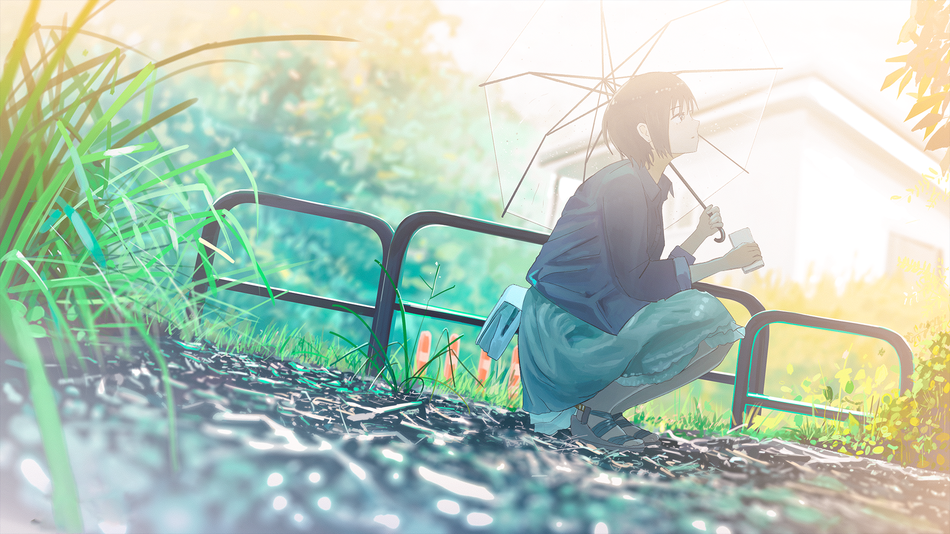 Anime HD wallpaper featuring a character with black hair holding an umbrella, crouching in the grass near a fence, with a peaceful, green backdrop.