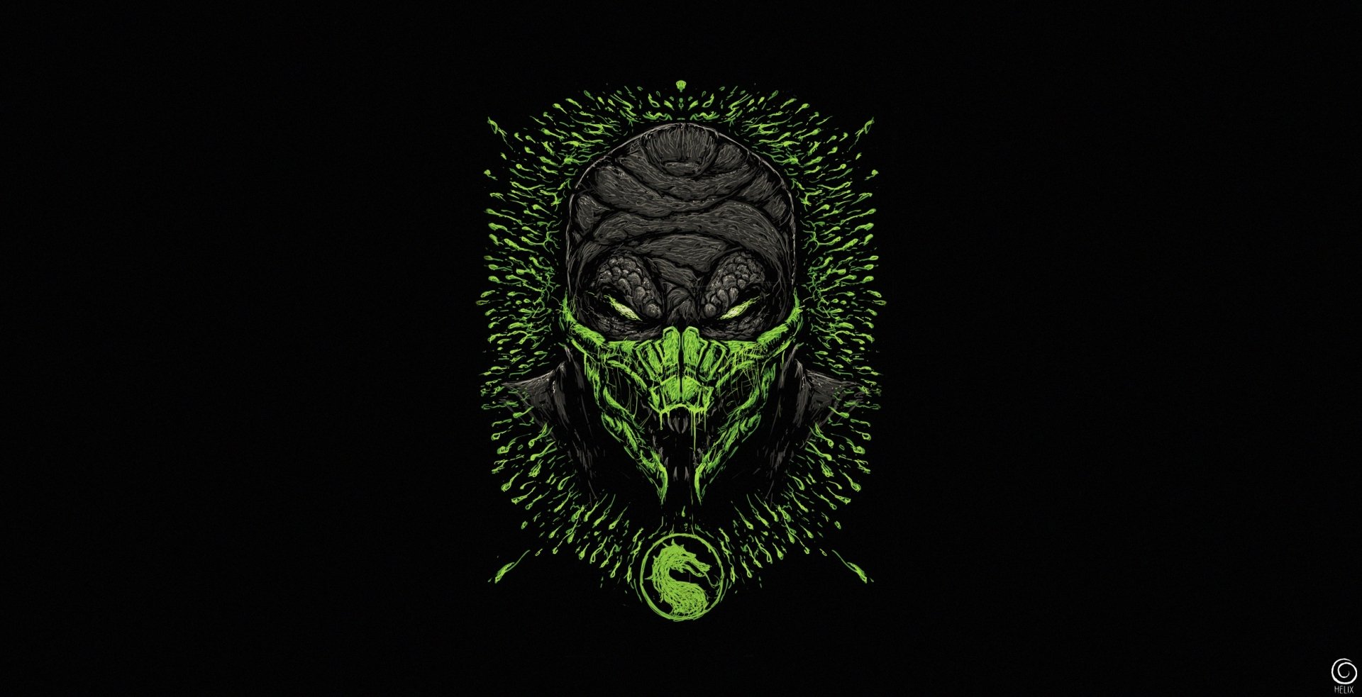 HD PC desktop wallpaper of Reptile from the Mortal Kombat video game: neon-green reptilian skull mask portrait with glowing eyes and Mortal Kombat logo on a black background.