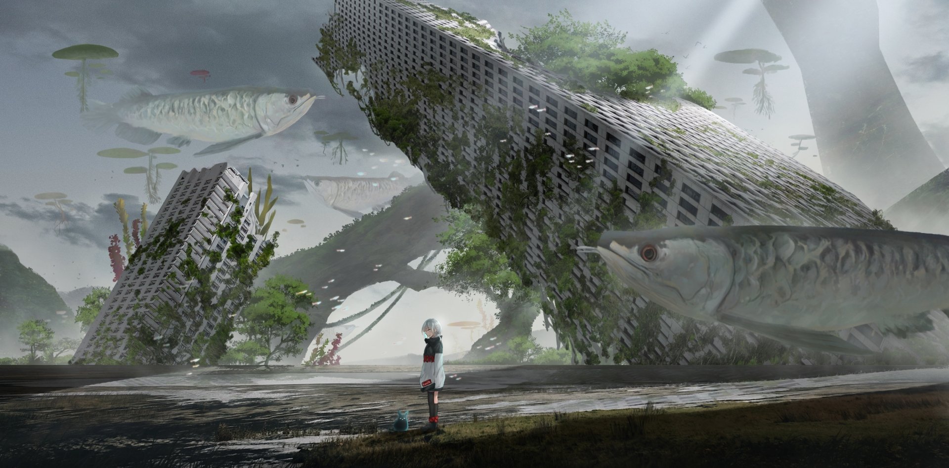 A high-definition anime wallpaper featuring an original scene of a person in a futuristic, overgrown cityscape with giant fish swimming in the sky.