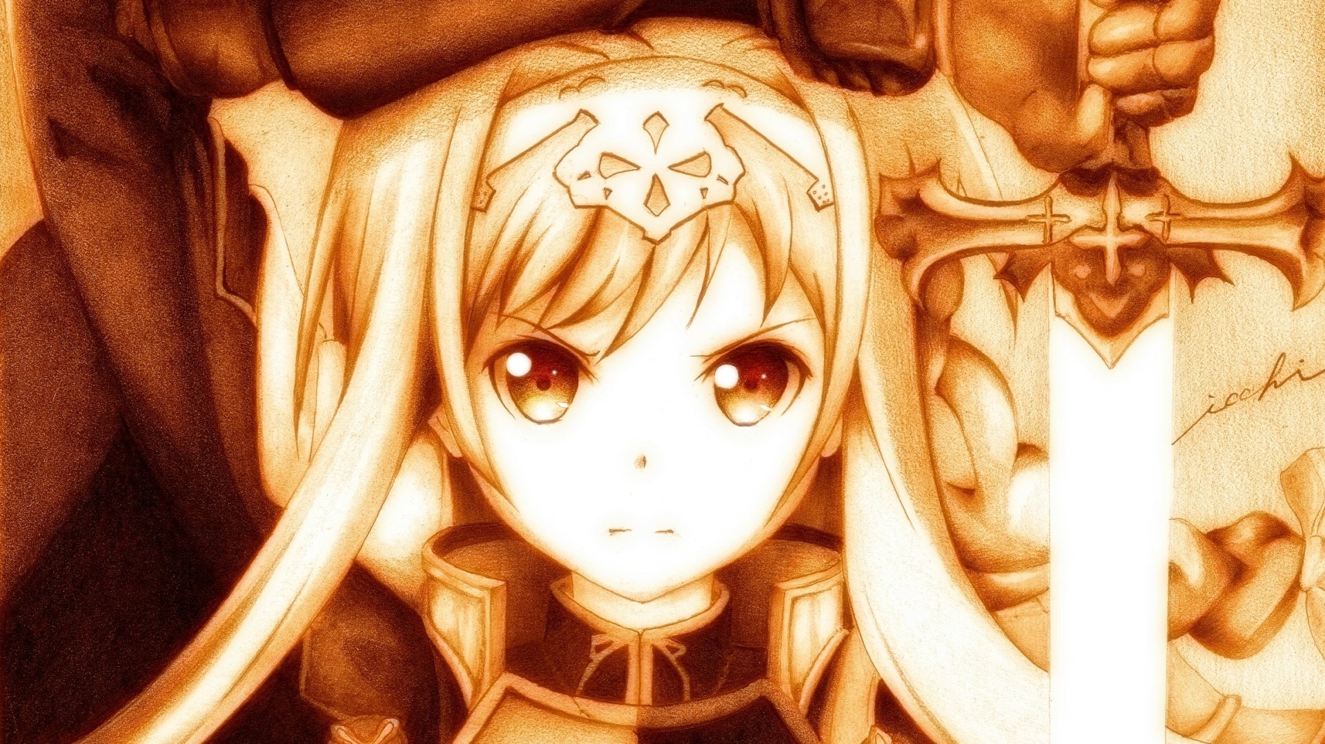 HD anime desktop wallpaper of Alice Zuberg from Sword Art Online: Alicization, featuring her determined expression and signature attire in a warm, sepia-toned style.