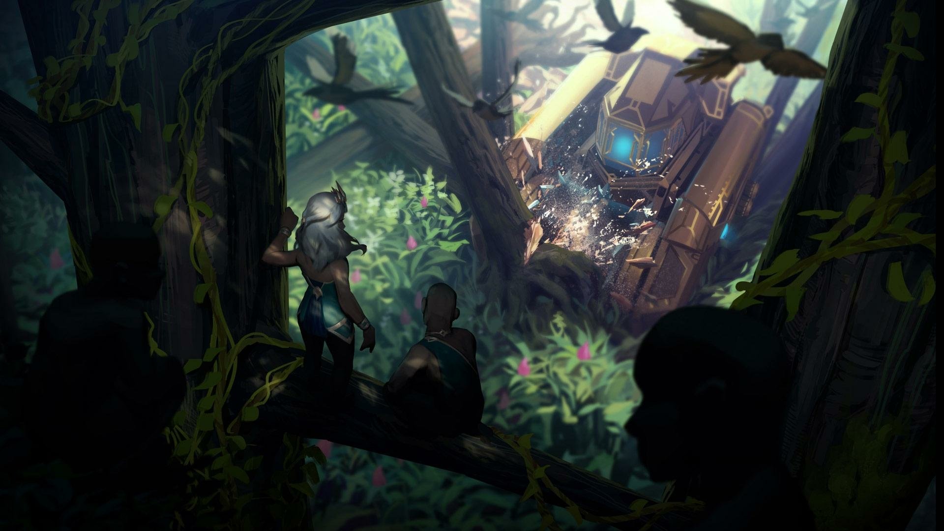 HD PC desktop wallpaper/background featuring Qiyana (League Of Legends) in a lush jungle clearing, figures overlooking a glowing crashed mech — video game League Of Legends art.