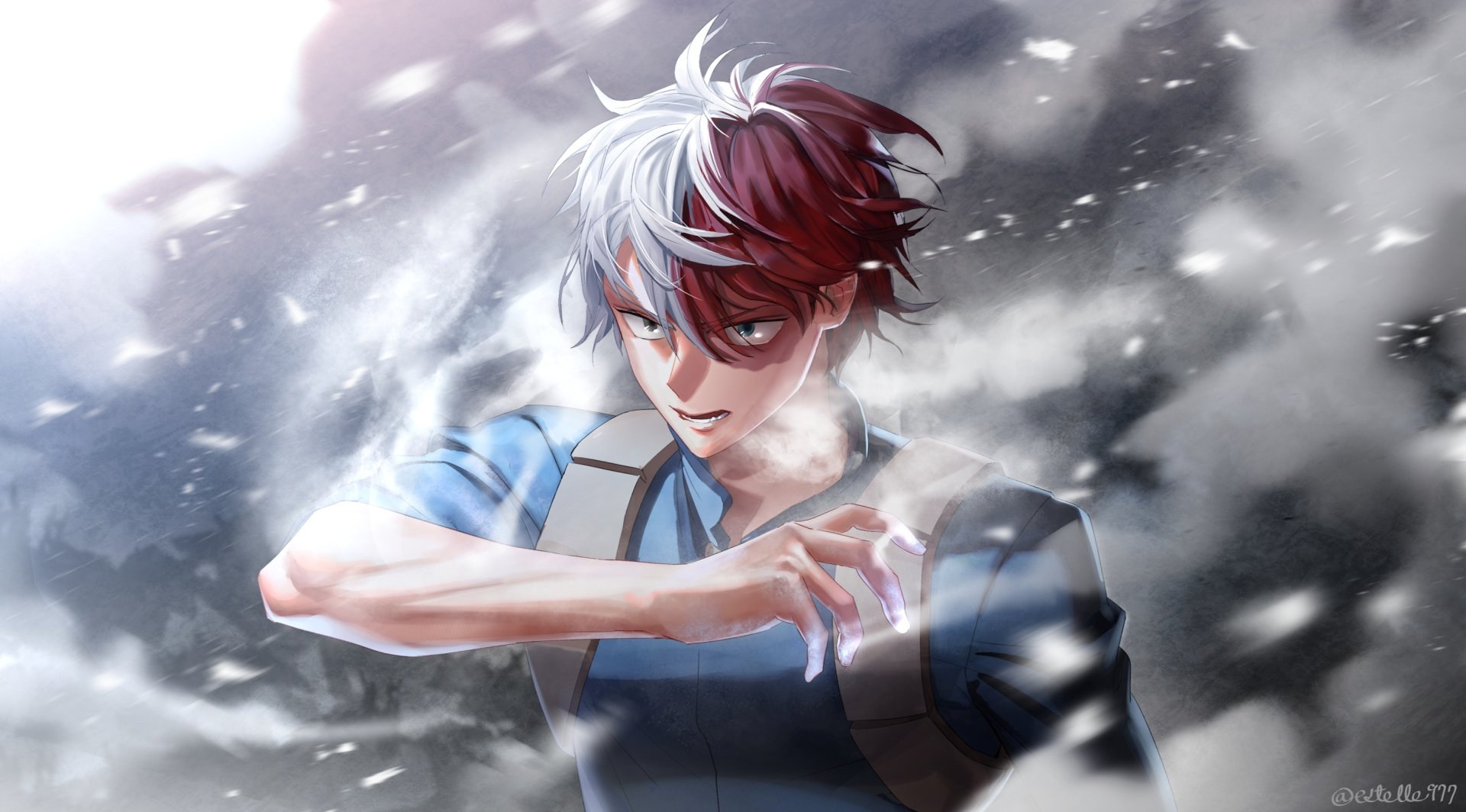 Shoto Todoroki (My Hero Academia) in a dynamic ice-and-fire pose, 2K Quad HD anime PC desktop wallpaper.