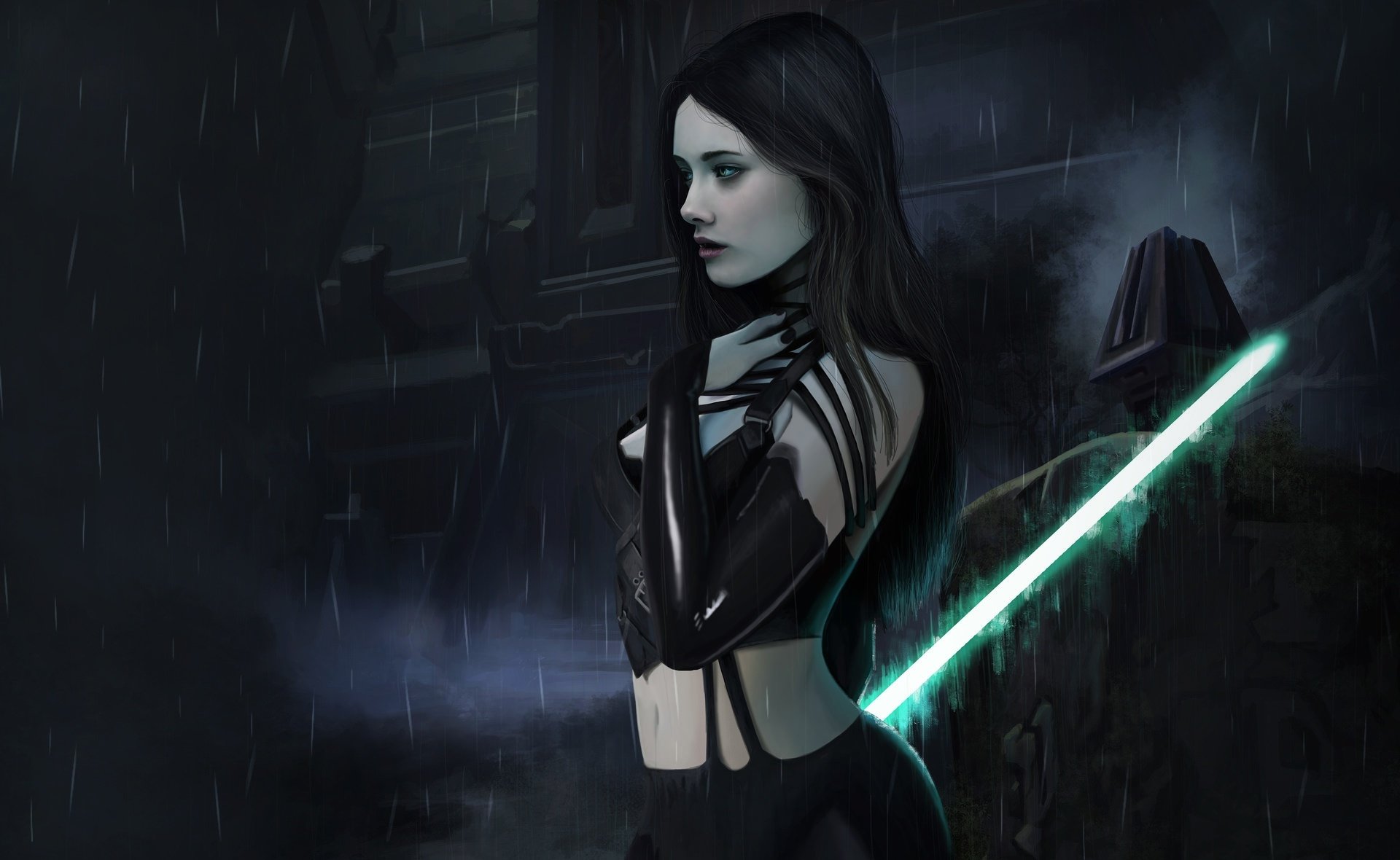 HD PC sci-fi desktop wallpaper of a black‑haired woman Sith warrior holding a glowing green lightsaber in rain‑soaked futuristic ruins (Star Wars).
