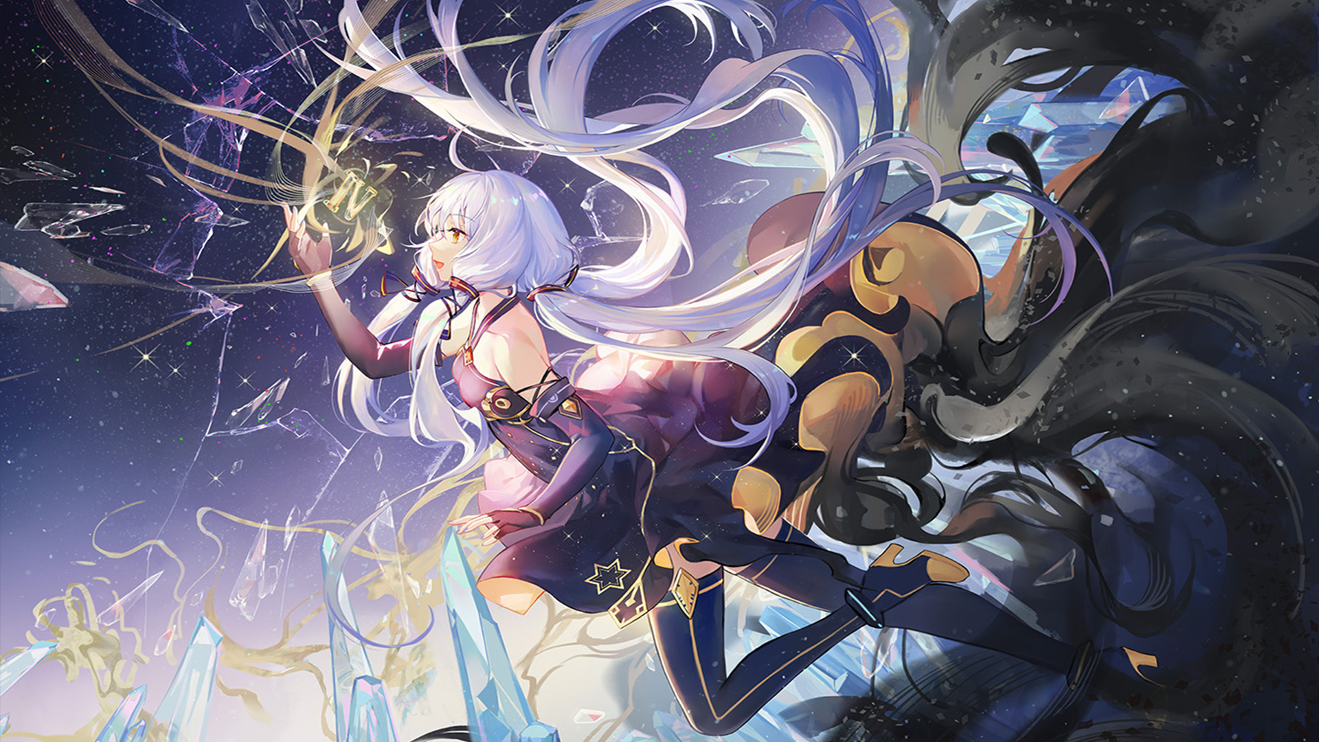 Xingchen from Vocaloid with long white hair and yellow eyes in a detailed dress, set against a vibrant anime-style night sky, HD desktop wallpaper.