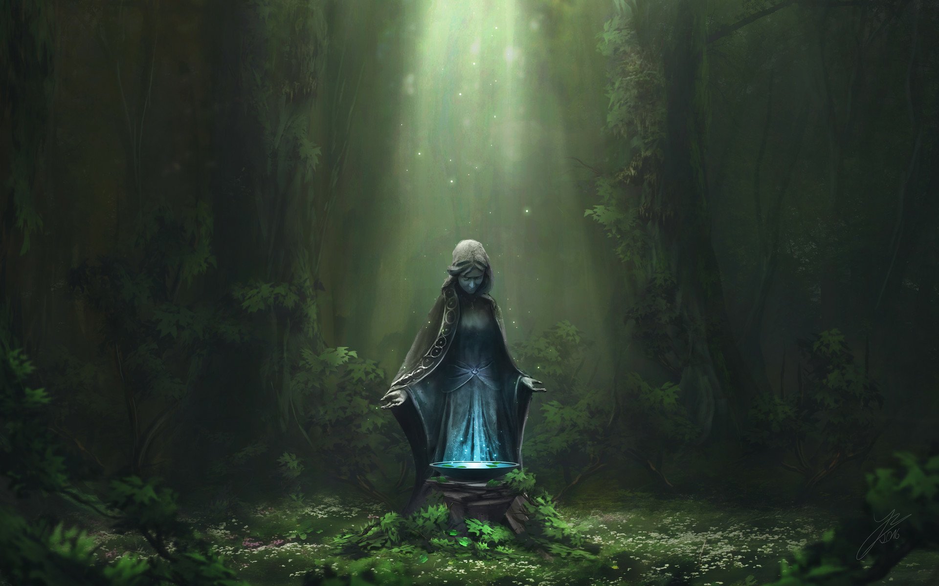 A mystical forest shrine features a glowing statue bathed in ethereal light, creating a serene and enchanting fantasy atmosphere, captured in HD for a PC desktop wallpaper.