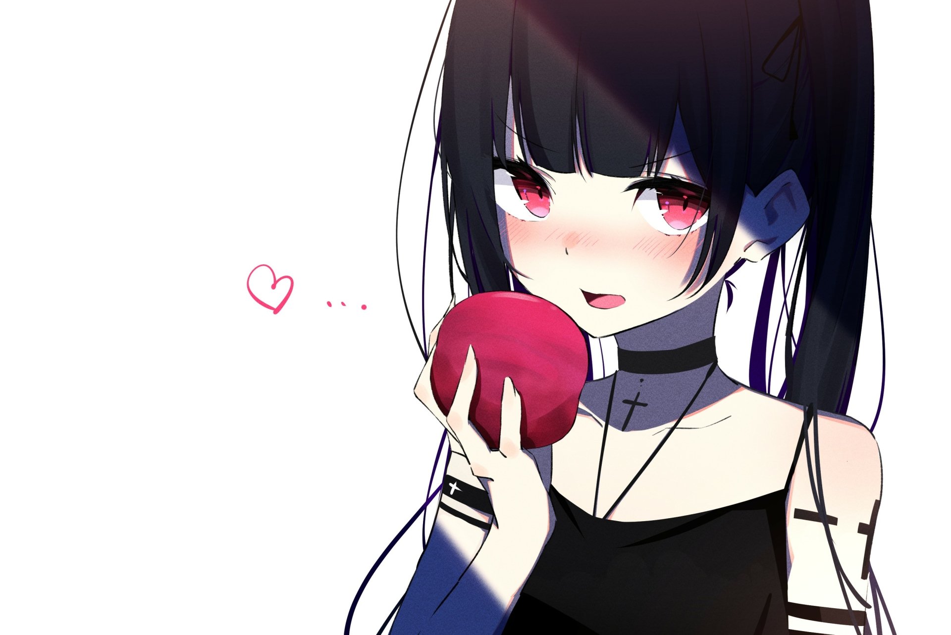 Anime original: dark-haired girl with pink eyes holding a red apple, blushing with a tiny heart — 2K Quad HD PC desktop wallpaper/background.