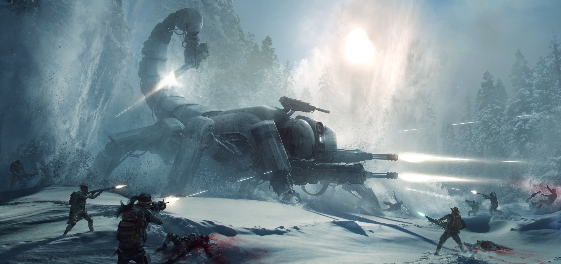 Wasteland 3 video game 4K Ultra HD PC desktop wallpaper: armed survivors exchange fire around a crashed sci-fi aircraft in a snowbound canyon beneath a pale sun.