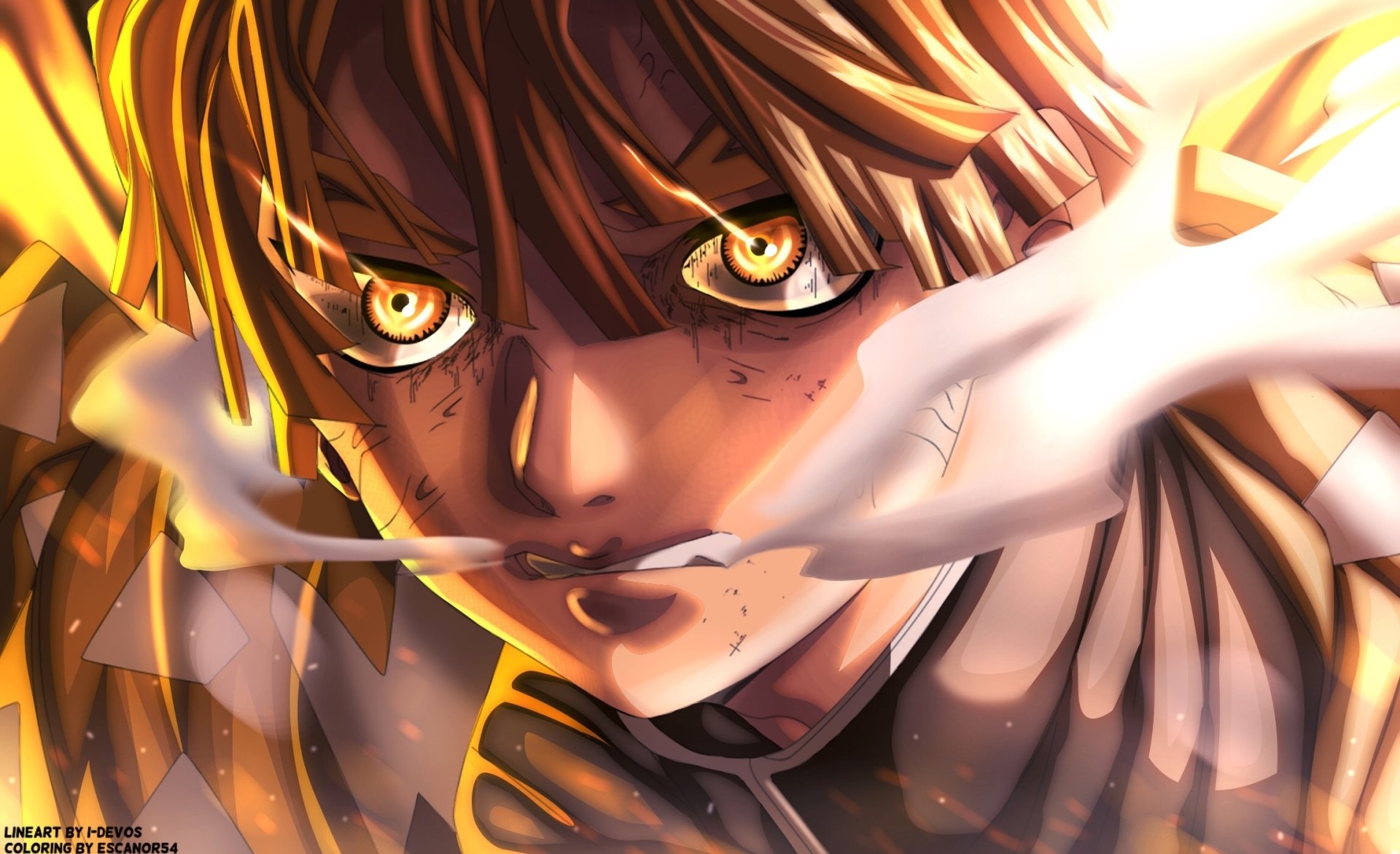 HD desktop wallpaper featuring Zenitsu Agatsuma from the anime Demon Slayer: Kimetsu no Yaiba, showcasing intense expression and vivid, fiery colors.