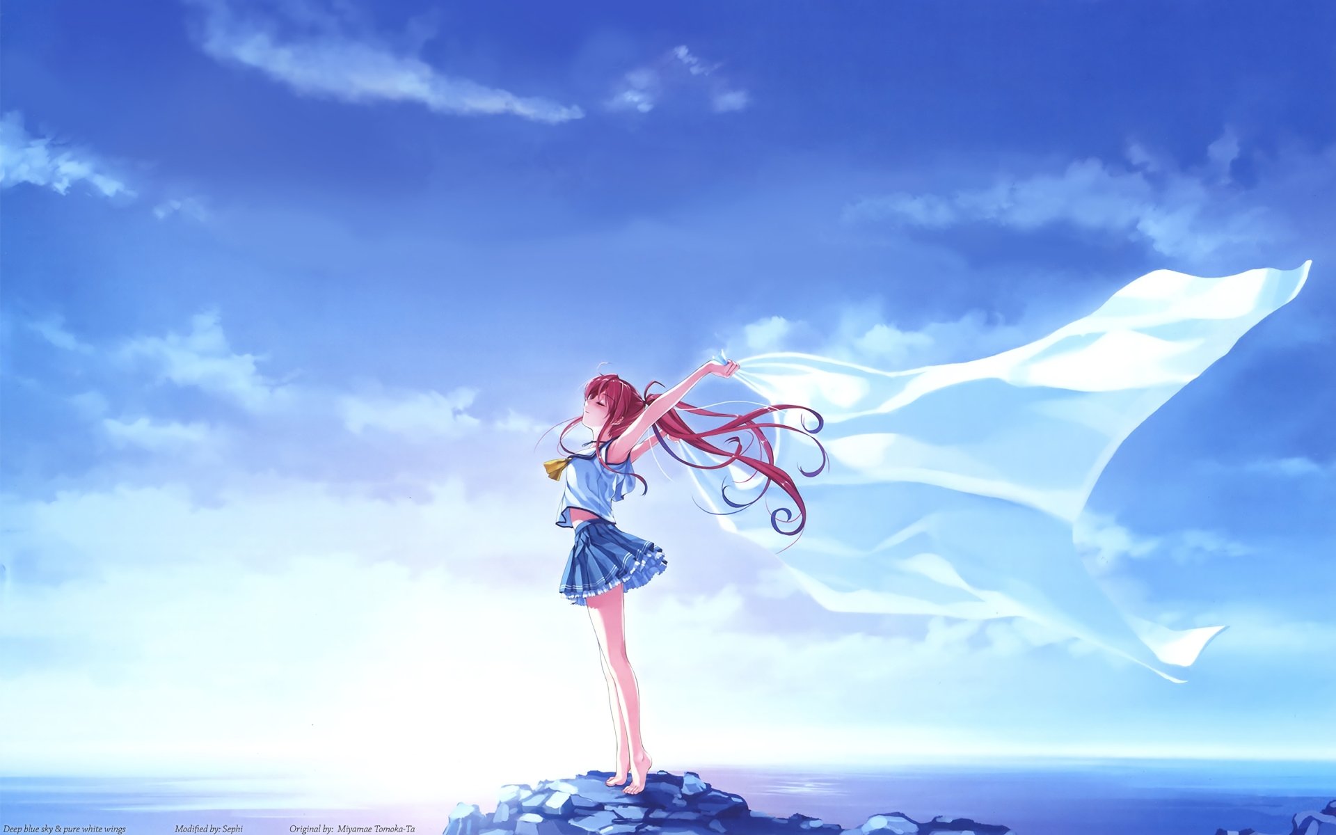 HD desktop wallpaper featuring an anime girl with long red hair standing on rocks, holding white fabric flowing in a breeze, under a clear blue sky.