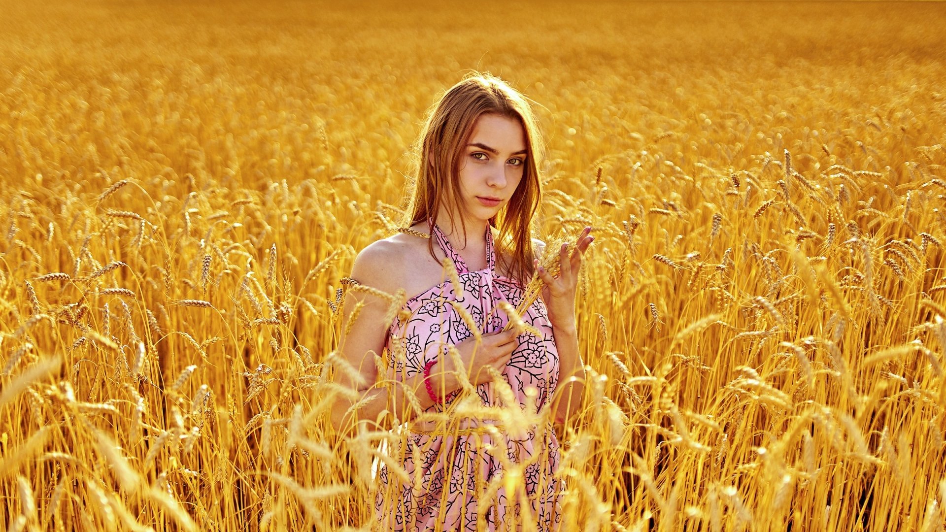 Download Redhead Summer Wheat Dress Woman Model HD Wallpaper