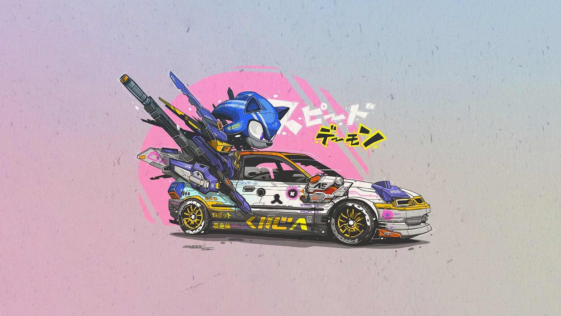 HD desktop wallpaper featuring a stylish car with Sonic the Hedgehog elements and vivid graffiti art, blending the video game theme with a vibrant, eye-catching background.