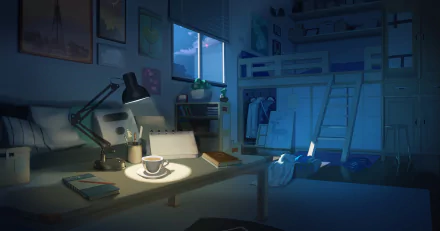 Anime-style night scene of a cozy room with a desk, cup, books, and loft bed, depicted in an HD PC desktop wallpaper background.