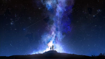 Anime-style original 4K Ultra HD desktop wallpaper featuring two silhouetted figures standing on a hill beneath a vibrant, star-filled galaxy sky.