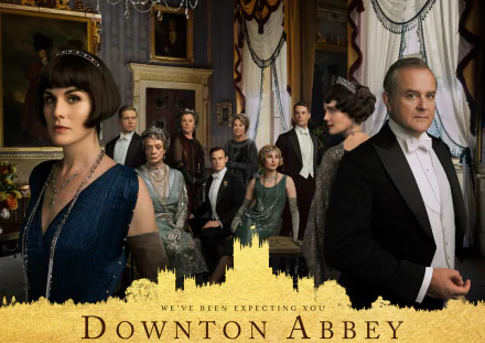HD PC desktop wallpaper and background: Downton Abbey movie ensemble in formal Edwardian attire posed in an opulent drawing room.
